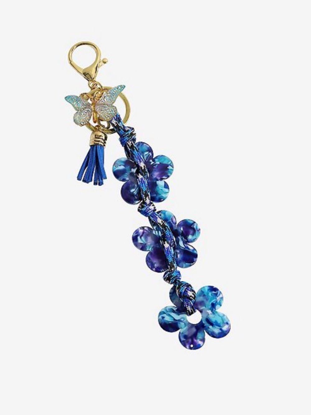 New Emberly Blue Floral Braided Keychain with Butterfly Charm